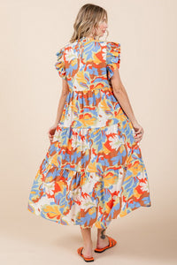 Jodifl Flower Print Tiered Midi Dress in Honey Mustard/Blue