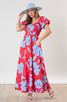 Peach Love Floral Print Maxi Dress with Smocked Bust in Red Multi Dress Peach Love California   