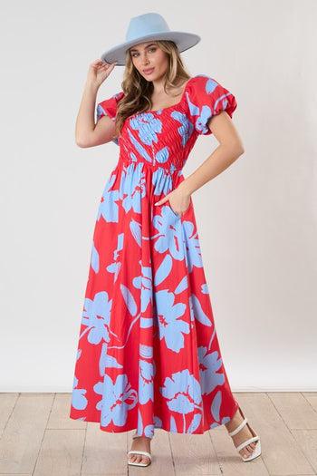 Peach Love Floral Print Maxi Dress with Smocked Bust in Red Multi Dress Peach Love California   