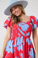 Peach Love Floral Print Maxi Dress with Smocked Bust in Red Multi Dress Peach Love California   