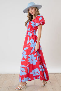 Peach Love Floral Print Maxi Dress with Smocked Bust in Red Multi Dress Peach Love California   