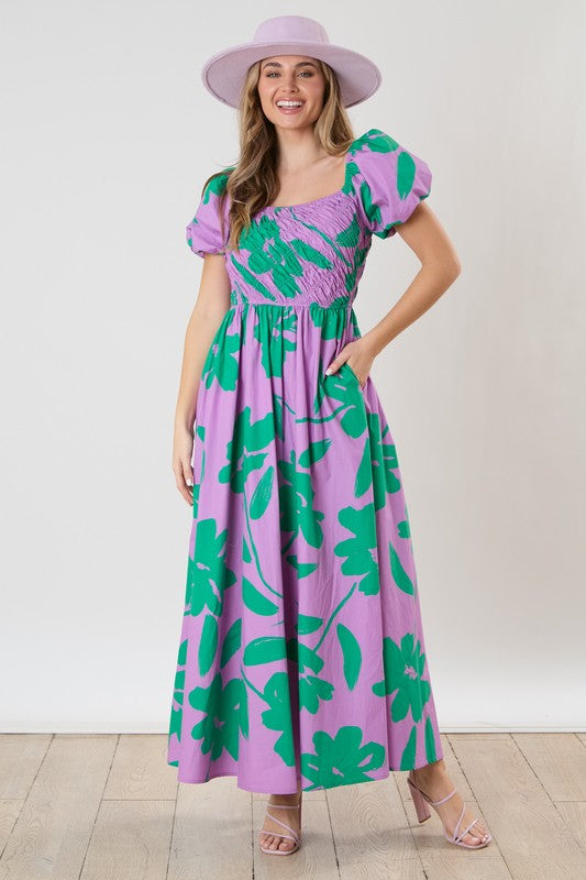 Peach Love Floral Print Maxi Dress with Smocked Bust in Lavender Multi June Adel Peach Love Floral Print Maxi Dress with Smocked Bust in Lavender Multi June Adel