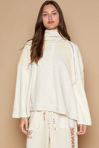 POL OVERSIZED Thermal and Terry Knit Oversized Top with Stud Trim Details in Oatmeal