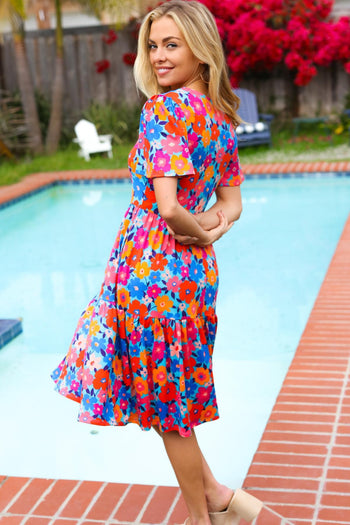 Haptics Fit and Flare Floral Print Midi Dress in Blue/Orange