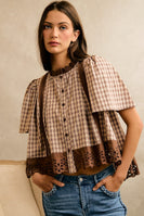 So Me Cotton Check Lace Trim Blouse in Brown