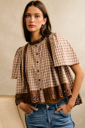 So Me Cotton Check Lace Trim Blouse in Brown