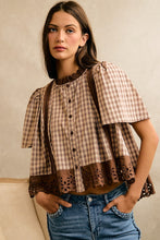 Load image into Gallery viewer, So Me Cotton Check Lace Trim Blouse in Brown
