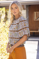 VOY Stripe Ribbed Band Harvest Printed Jacquard Top in Grey