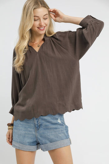 Umgee Solid Color Linen Blend Boho Top in Ash Brown