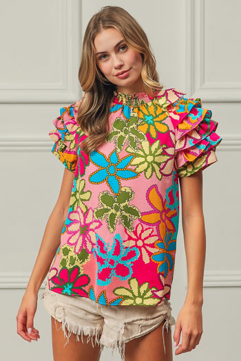 BiBi Floral Print Top with Ruffled Sleeves in Pink Multi Shirts & Tops BiBi   
