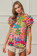 BiBi Floral Print Top with Ruffled Sleeves in Pink Multi Shirts & Tops BiBi   