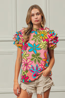 BiBi Floral Print Top with Ruffled Sleeves in Pink Multi Shirts & Tops BiBi   