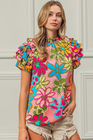 BiBi Floral Print Top with Ruffled Sleeves in Pink Multi Shirts & Tops BiBi   