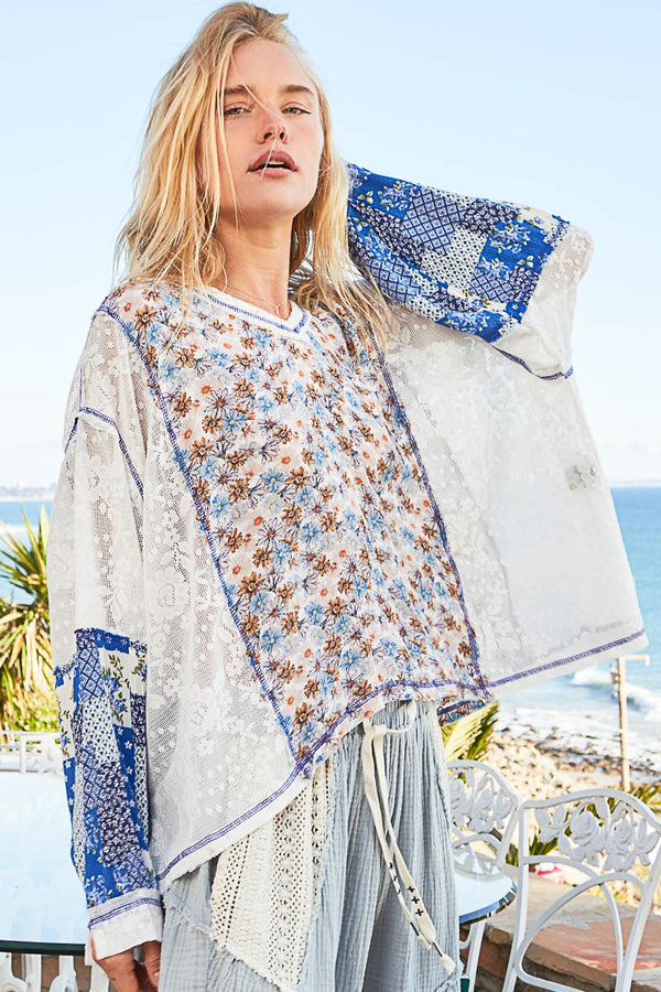 POL Oversized Mixed Print and Lace Top in Blue Multi Shirts & Tops POL Clothing   