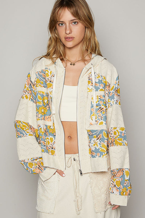 POL Print and Patch Woven Jacket in Oatmeal Floral Jacket POL Clothing   