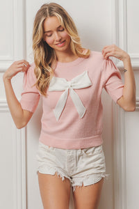 BiBi Lightweight Knit Sweater with Bow Patch in Pink