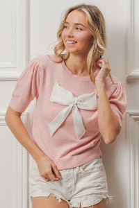 BiBi Lightweight Knit Sweater with Bow Patch in Pink