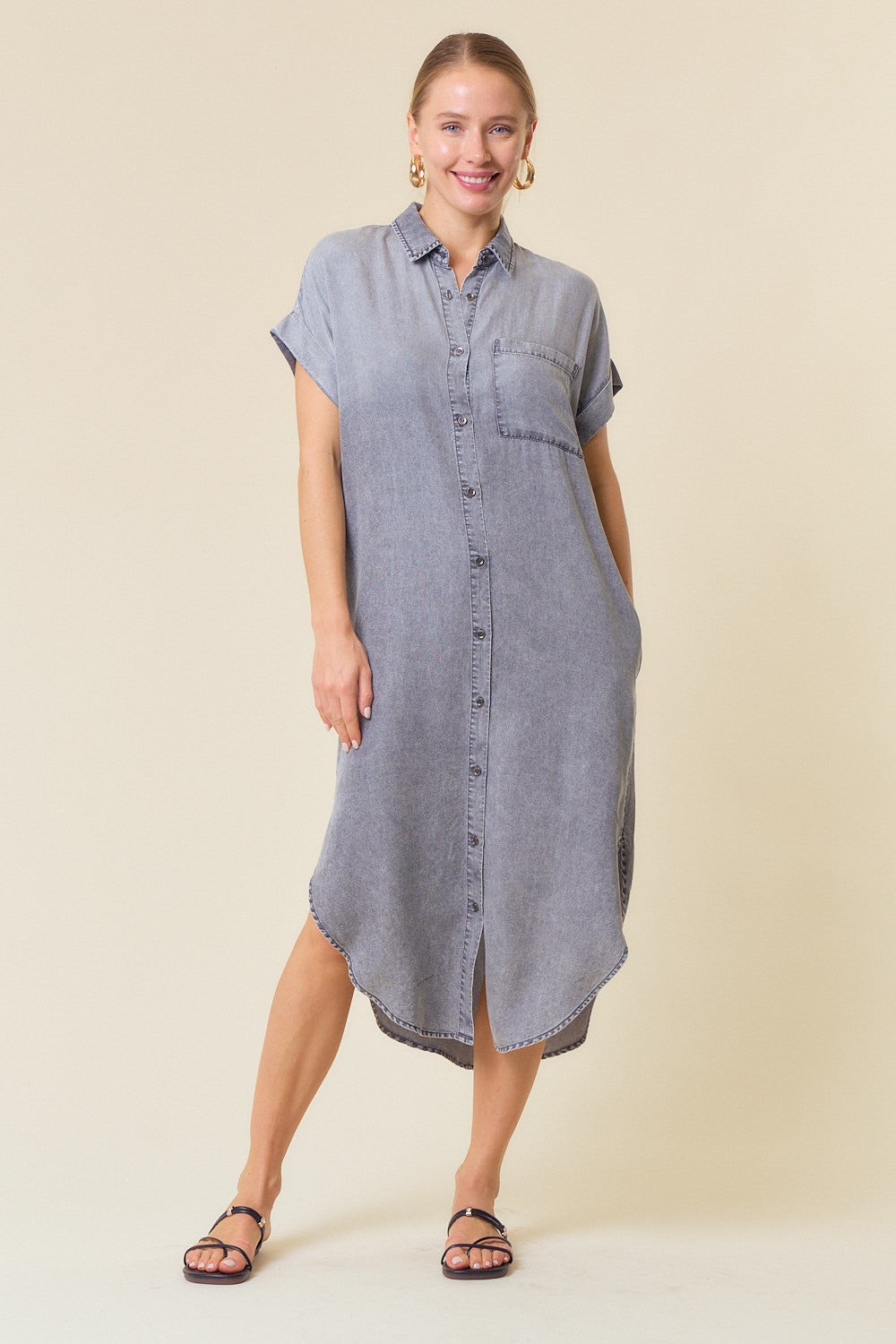 Doe & Rae Tencel Denim Shirt Midi Dress in Black Denim