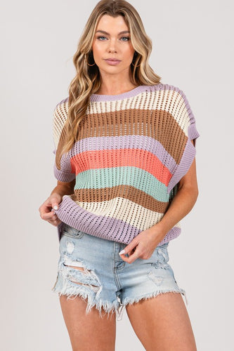 Sage+Fig Striped Pattern Open Knit Crochet Top in Lilac Shirts & Tops Sage+Fig   