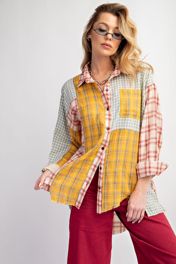 Easel Mix n Match Plaid Top in Mustard Shirts & Tops Easel   