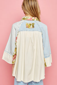 POL Oversized Mixed Print Top with Raglan Sleeves in Denim/Natural Shirts & Tops POL Clothing   