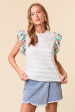 Load image into Gallery viewer, Doe &amp; Rae Striped Top with Contrasting Floral Print Sleeves in Sage Stripe
