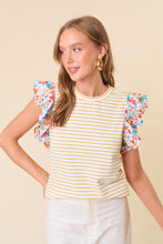 Load image into Gallery viewer, Doe &amp; Rae Striped Top with Contrasting Floral Print Sleeves in Honey Stripe
