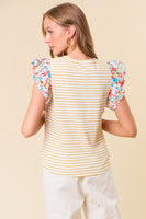 Doe & Rae Striped Top with Contrasting Floral Print Sleeves in Honey Stripe