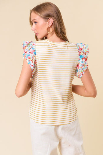 Doe & Rae Striped Top with Contrasting Floral Print Sleeves in Honey Stripe