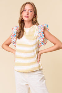 Doe & Rae Striped Top with Contrasting Floral Print Sleeves in Honey Stripe