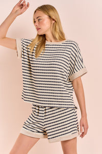 Hailey & Co Textured Contrasting Color Striped Top in Black