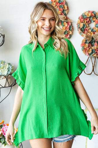 First Love Solid Color Crinkle Texture Top in Green Shirts & Tops First Love   