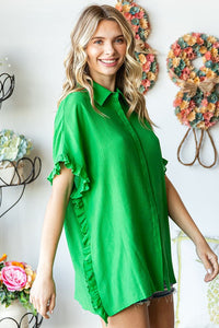 First Love Solid Color Crinkle Texture Top in Green Shirts & Tops First Love   