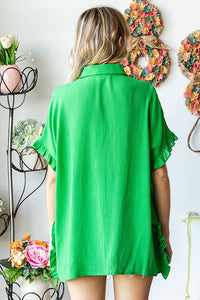 First Love Solid Color Crinkle Texture Top in Green Shirts & Tops First Love   