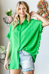 First Love Solid Color Crinkle Texture Top in Green Shirts & Tops First Love   