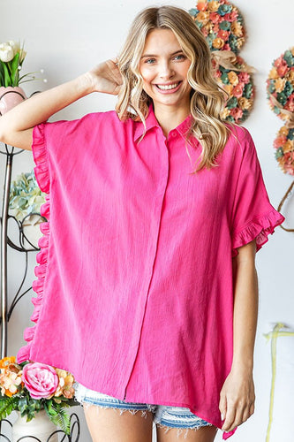 First Love Solid Color Crinkle Texture Top in Hot Pink Shirts & Tops First Love   