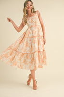 &merci Tiered Floral Print Midi Dress in Off White Dark Amber