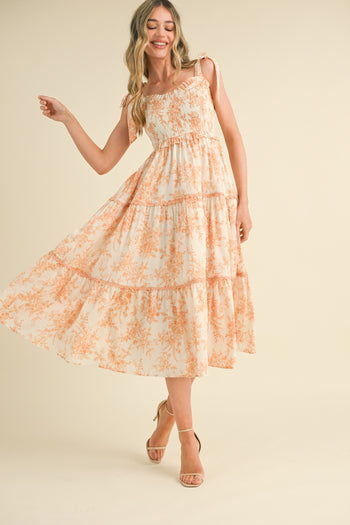 &merci Tiered Floral Print Midi Dress in Off White Dark Amber