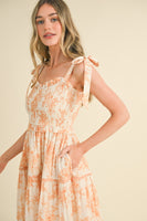 &merci Tiered Floral Print Midi Dress in Off White Dark Amber