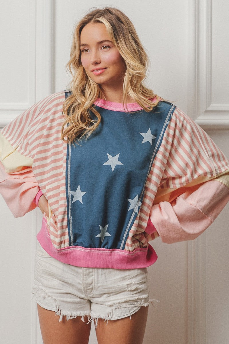 BiBi American Theme Color Block Pullover Top in Blush Multi