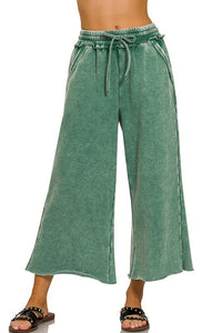 Acid Washed Palazzo Pants in Dark Green Pants Zenana   