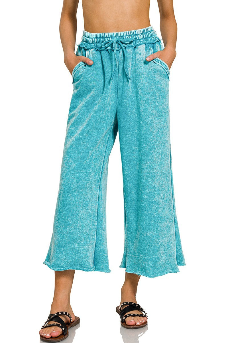 Acid Washed Palazzo Pants in Light Teal Pants Zenana   