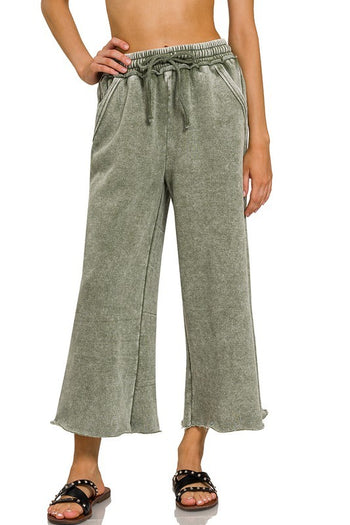 Acid Washed Palazzo Pants in Light Olive Pants Zenana   