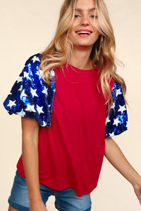 Haptics Sequin Star Sleeves Top in Red/Blue