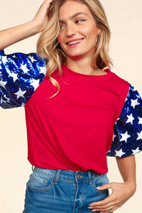 Haptics Sequin Star Sleeves Top in Red/Blue