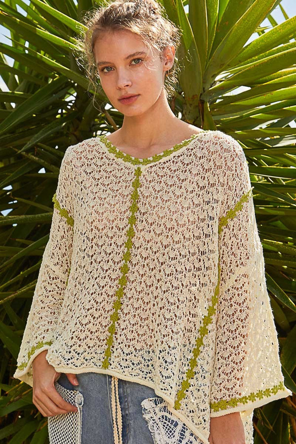 POL Oversized Open Knit Sweater with Flower Lace Trim in Natural Shirts & Tops POL Clothing   