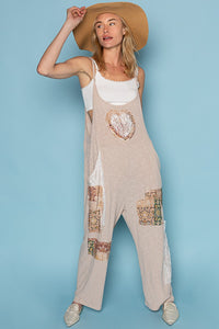 POL Ribbed Knit Jumpsuit with Heart Patches in Almond