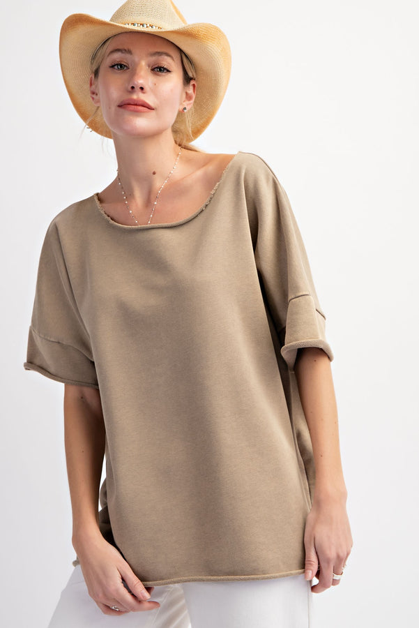 Easel Solid Color Terry Knit Top with Raw Cut Details in Olive Grey Shirts & Tops Easel   