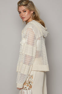 POL Open Knit Crochet and Textured Woven Hooded Jacket in Oatmeal