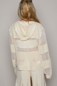 POL Open Knit Crochet and Textured Woven Hooded Jacket in Oatmeal